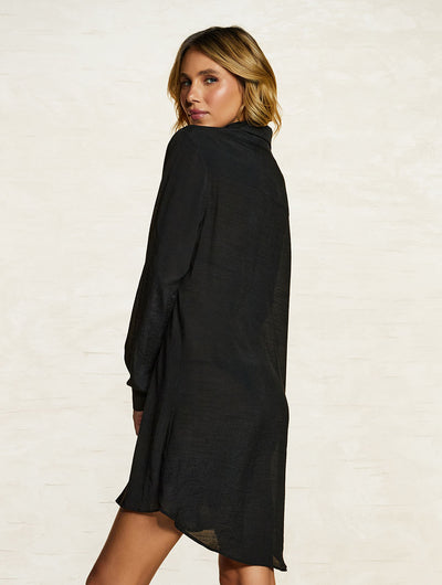 Shantung Crush Beach Shirt Coverup Black
