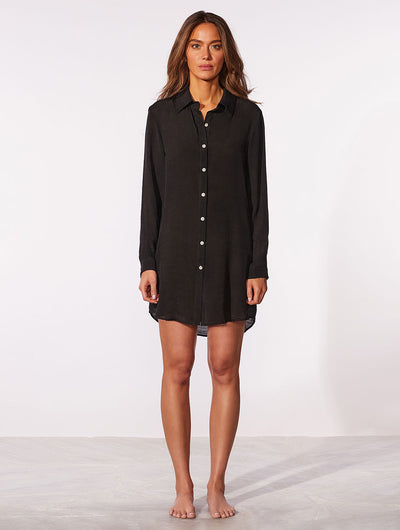Shantung Crush Beach Shirt Coverup Black