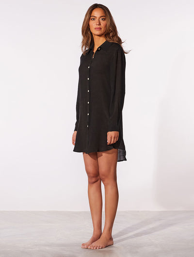 Shantung Crush Beach Shirt Coverup Black