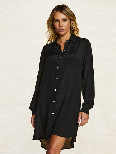 Shantung Crush Beach Shirt Coverup Black