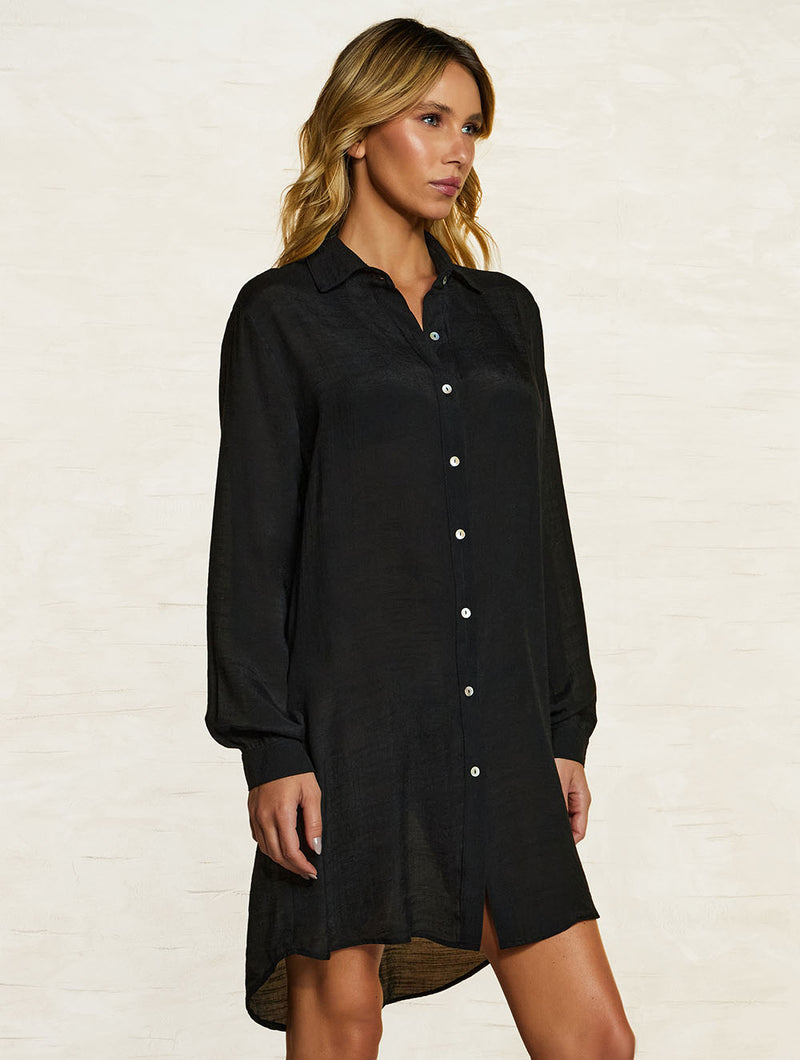 Shantung Crush Beach Shirt Coverup Black